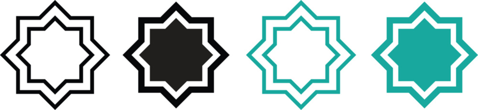 Islamic ornament vector icons set with eight pointed star Rub El Hizb geometric patterns in black and teal green outline and solid fill styles for Ramadan Kareem, Eid Mubarak and Arabian design.