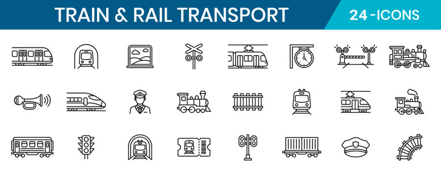 Train Rail Transport Thin Line Icon Set