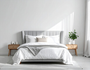 Fototapeta premium Modern bedroom with white bedding interior.