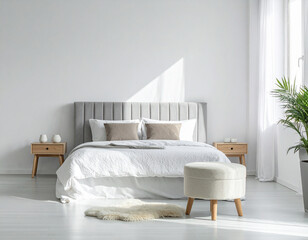 Modern bedroom with white furniture.