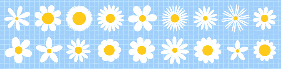 Simple white daisy vector graphic shapes, geometric flower elements for greeting cards and spring designs © dollitude