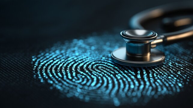 Stethoscope on glowing fingerprint representing digital health and identity internet safety, combining medical device, biometric, and cybersecurity concept.