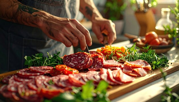 Chef preparing charcuterie board with salami and vegetables.