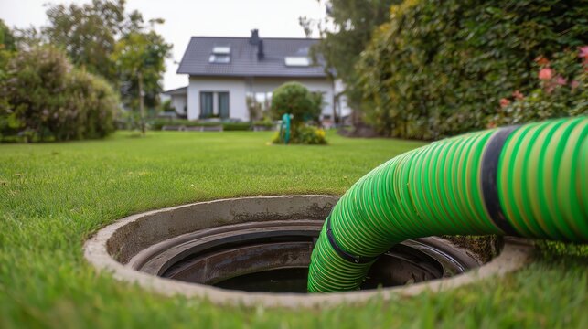 Green suction hose inserted into uncovered manhole on residential lawn, indicating sewer maintenance pump operation and wastewater removal.