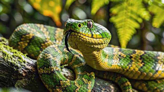 Vibrant green viper snake with yellow patterns coiled on a mossy branch, flicking tongue