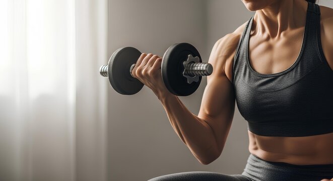A strong woman in a sports bra performing a bicep curl with a dumbbell, showcasing her toned arm muscles during a workout.