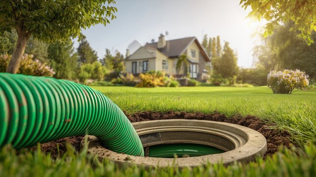 Green corrugated hose connected to open sewer manhole on residential lawn, symbolizing sewer cleaning and drainage service.
