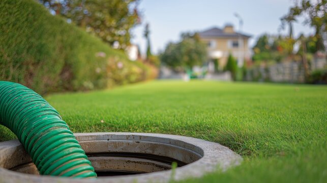 Green suction hose inserted into open septic tank riser on residential lawn, symbolizing septic service, maintenance, pumping and wastewater management.
