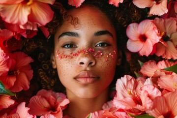 Beauty portrait of a young woman with freckles lying down surrounded by pink flowers with small pink petals on her face