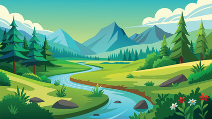 Serene mountain valley with crystal-clear river and lush greenery under a bright sky © CreativeKamrul