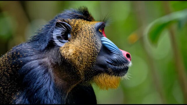 Close-up Portrait of a Mandrill&rsquo;s Face in a Lush Green Environment.