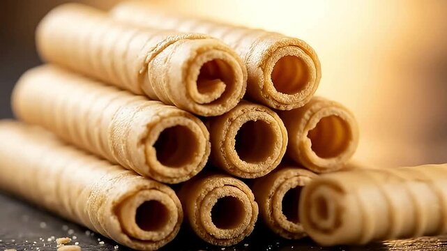 A mouth-watering close-up shot focuses on a meticulously arranged stack of golden, crispy rolled wafers, gently interacting with the pile. The delicate, cylindrical pastries showcase their inviting te