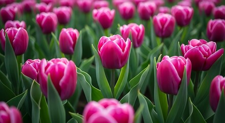 Fototapeta premium Vibrant pink tulips bloom in lush green field with white accents on petals