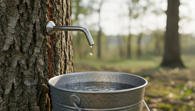 Maple syrup production, collecting sap from tree in forest, metal bucket and spout