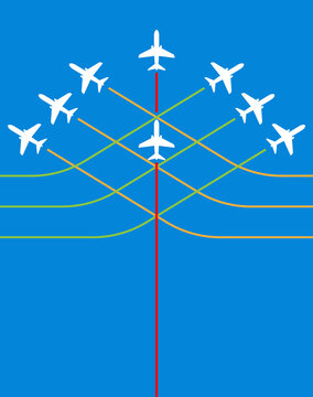 Airplane Flying Formation In Blue Sky, Air Show Display, The Disciplined Flight