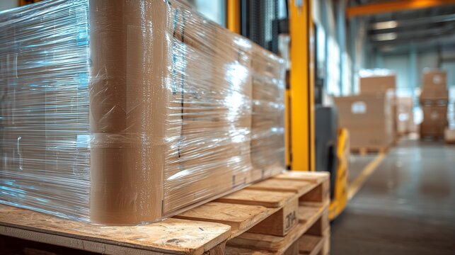 Wrapped pallet with clear stretch film on wooden pallet in warehouse, representing load protection and secure packaging for shipping.
