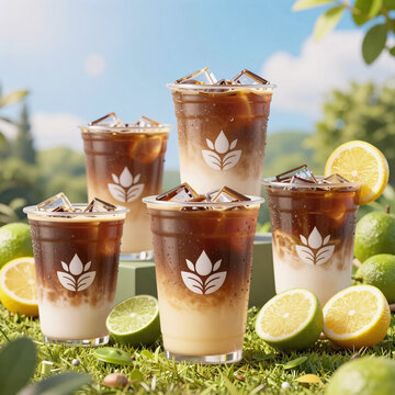 realistic 3d render, "summery set of icons featuring sun, leaf, coffee, and hydration elements in a nature-inspired design