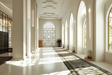 Obraz premium Sunlight streams into a mosque corridor, illuminating prayer rugs laid out for worship, creating a serene atmosphere