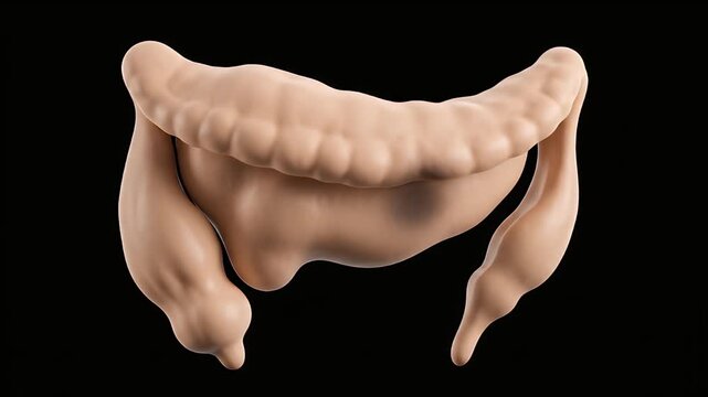 Detailed CGI visualization of human large intestine anatomy isolated on black background