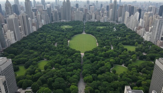 Aerial view of a park surrounded by skyscrapers in urban environment