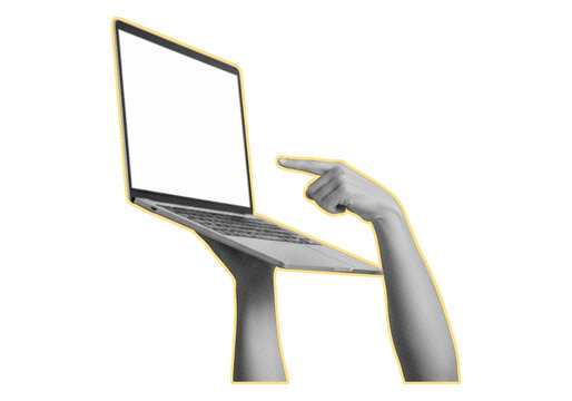 Hand using laptop computer halftone collage. Trendy retro halftone collage element isolated on transparent background.
