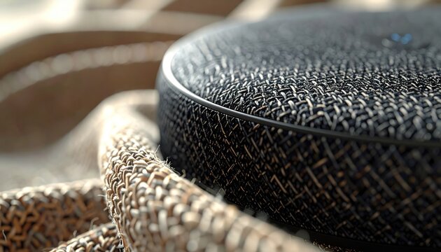 Close-up of a black kufi hat on a textured surface.