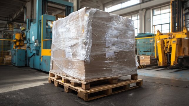 Wooden pallet with stacked boxes wrapped in clear stretch film for shipping preparation inside warehouse loading area.