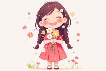 Fototapeta premium Young girl with long hair, wearing delicate-colored clothes, joyfully holding bouquet of flowers, surrounded by soft pastel background, capturing innocence and happiness in whimsical illustration.