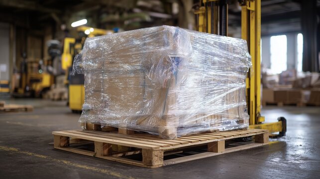 Industrial pallet with wrapped cargo on wooden pallet ready for shipping preparation in warehouse environment.