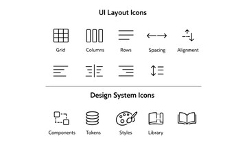 Collection of Vector Icons Illustrating UI Layout and Design System Elements on a White Background