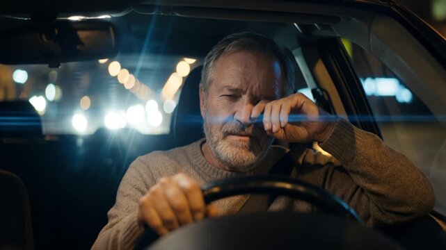 Sekundenschlaf, v&ouml;llig &uuml;berm&uuml;deter Mann f&auml;hrt Nachts mit dem Auto, Lichter der anderen Fahrzeuge blenden ihn, Generative AI