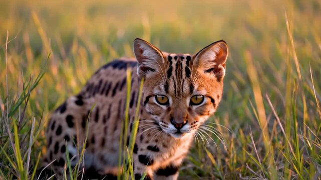 Wild Serval Cat with Spotted Fur in Tall Grass at Sunset
