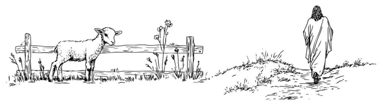 Lamb of god and jesus christ walking in rural landscape sketch