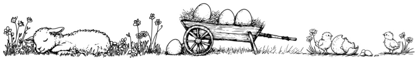 Easter scene with sleeping lamb and cart full of eggs sketch © Kaz