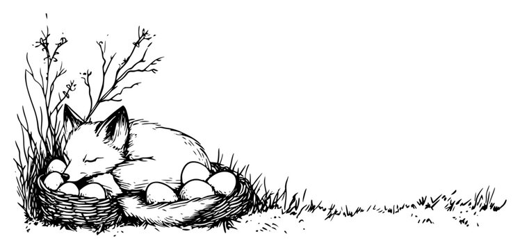 Cute fox sleeping in bird nest with eggs sketch