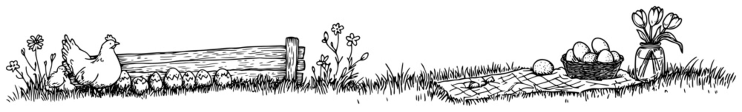 Horizontal rural landscape border with hen and picnic basket sketch