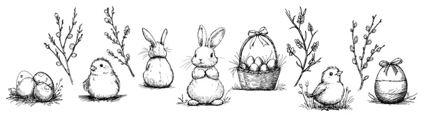 Set of easter bunnies chicks and willow branches sketch © Kaz