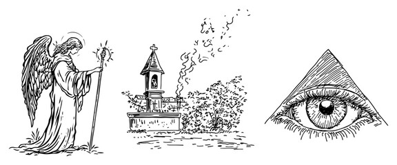 Obraz premium Religious symbols including angel roadside chapel and eye of providence sketch