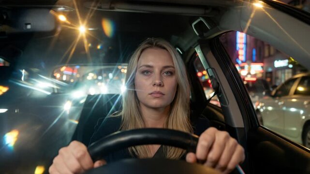 Sekundenschlaf, v&ouml;llig &uuml;berm&uuml;dete Frau f&auml;hrt Nachts mit dem Auto, Lichter der anderen Fahrzeuge blenden sie, Generative AI