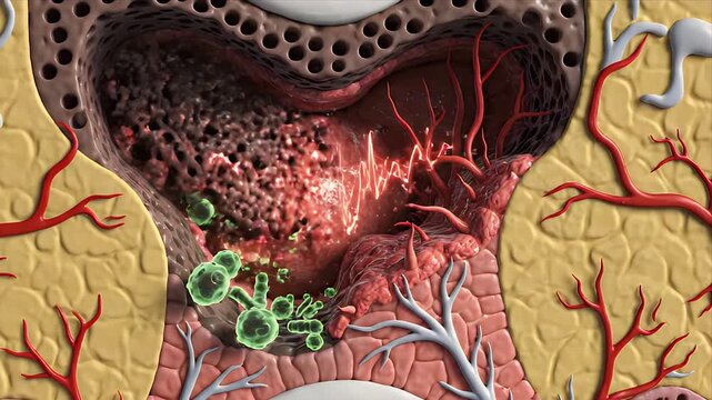 Detailed Cross Sectional 3D CGI Anatomical Rendering of a Diseased Tooth Showing Dentine Decay and Bacteria on a Dark