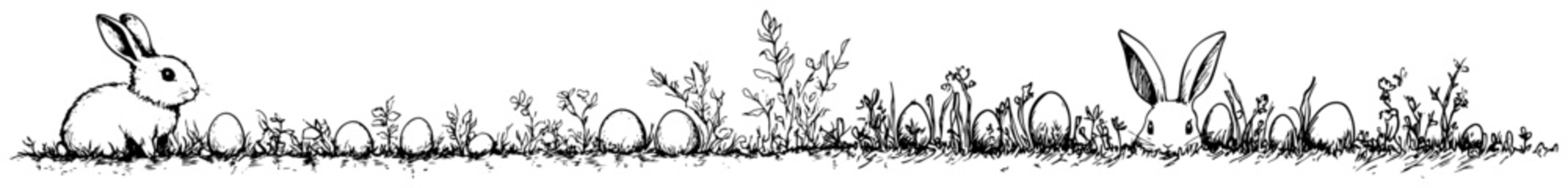 Horizontal meadow border with easter bunny and eggs in grass sketch