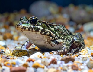 Obraz premium Close-up portrait of a northern leopard frog resting on colorful pebbles surface