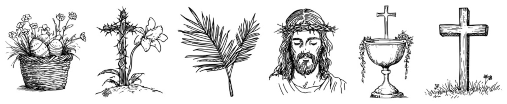 Set of christian religious easter symbols and jesus sketch