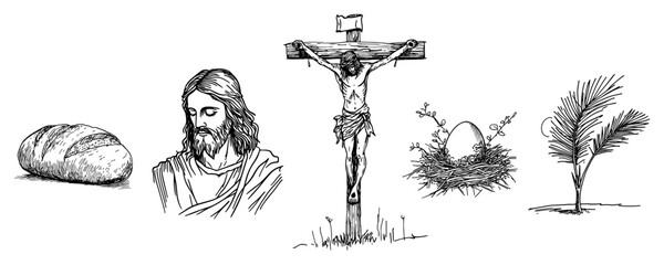 Christian religious symbols set with crucifixion and palm branch sketch © Kaz