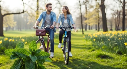 Obraz premium Couple cycling outdoors in natural environment