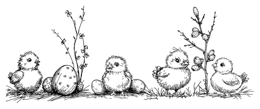 Cute easter chicks with eggs and willow branches sketch