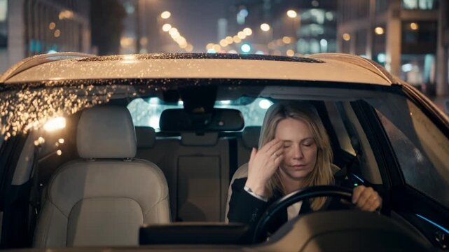 Sekundenschlaf, v&ouml;llig &uuml;berm&uuml;dete Frau f&auml;hrt Nachts mit dem Auto, Lichter der anderen Fahrzeuge blenden sie, Generative AI