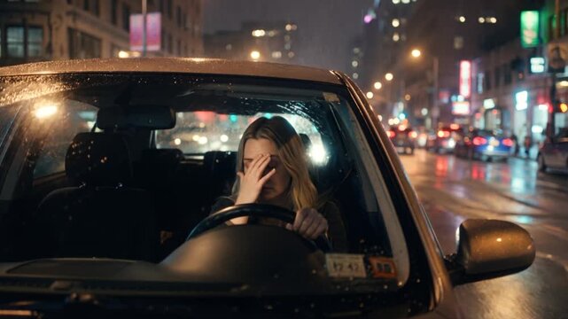 Sekundenschlaf, v&ouml;llig &uuml;berm&uuml;dete Frau f&auml;hrt Nachts mit dem Auto, Lichter der anderen Fahrzeuge blenden sie, Generative AI