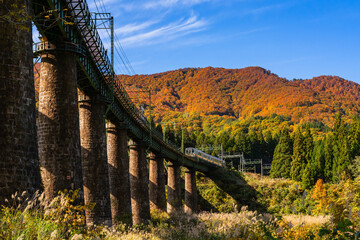 紅葉の山々を背にレンガ造りの毛渡沢橋梁を渡る列車 / Train crossing the brickwork Kodozawa Viaduct with autumn leaves