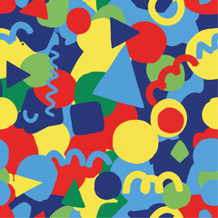 Colorful abstract pattern with various geometric shapes and vibrant brushstrokes on a dark blue background